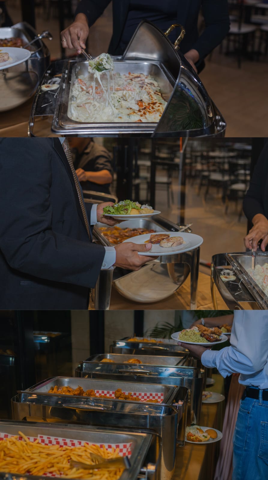 Servicio de buffet con estaciones calientes e invitados sirviendo sus platos