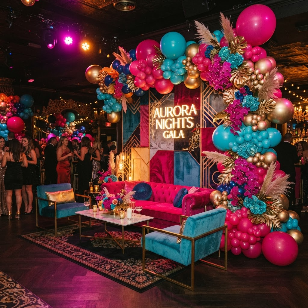 Ambientación inmersiva con globos, luces y escenografía